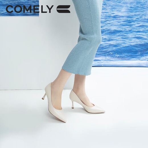 
COMELY single shoes for women's spring thin heel pointed toe high heel sheepskin soft comfortable sole simple professional work shoes off white 38