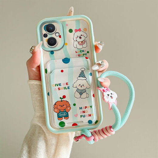 Peno oppoA96 mobile phone case PFUM10 protective case matte full cover anti-fall silicone painted soft shell men and women cartoon cute card bag type protective case [Bo card bag] Kulomi + hand rope A96