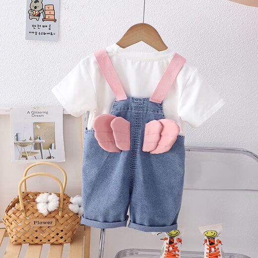 Kexin baby girl suit 2024 new short-sleeved fashionable cute overalls for children's summer two-piece girls' clothes blue 90 size recommended for 1-2 years (about 85 height)
