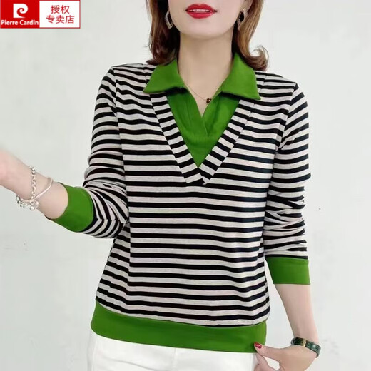 Pierre Cardin long-sleeved T-shirt for women 2025 autumn and winter striped loose large splicing fake two-piece sweatshirt middle-aged mother m-shirt top 1695 black and white 3XL