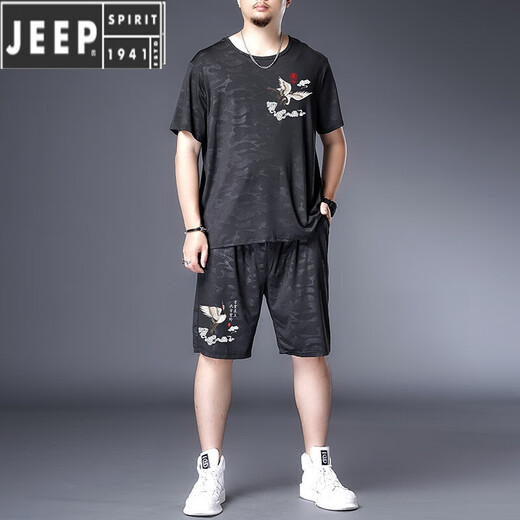 JEEP SPIRIT肥佬冰丝速干T恤男胖子加肥加大码男装夏季休闲运动短袖短裤套装 黑色9922套装 收藏加购优先发货 7XL 250-275斤