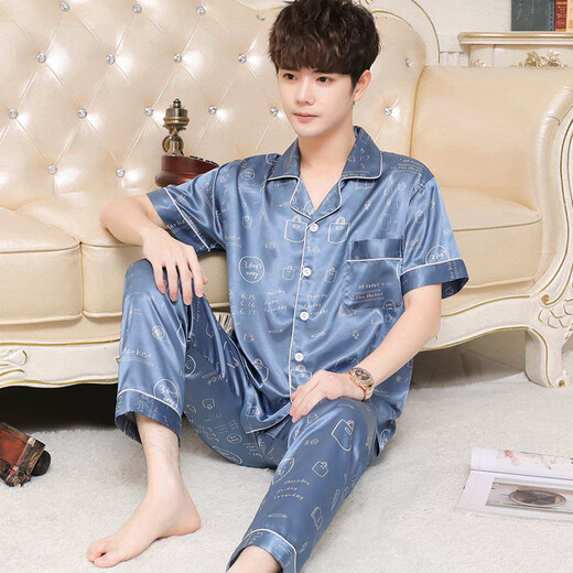 Antarctic ice silk men pajamas men summer short-sleeved trousers imitation silk cardigan lapel loose home clothes light blue XL