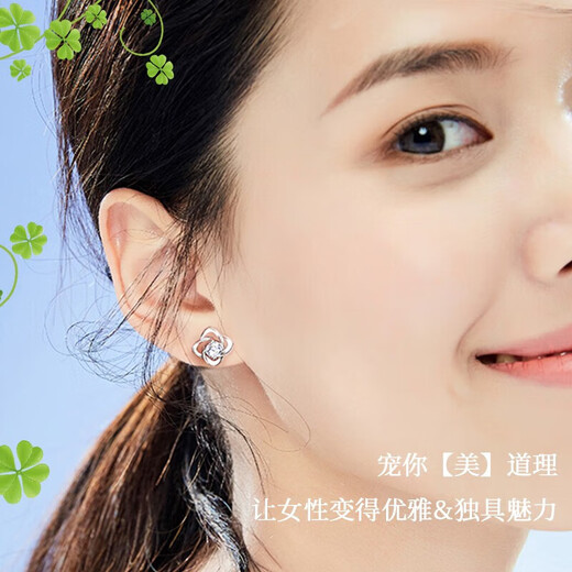 China Gold (CHINA GOLD) Diamond Platinum Earrings Women's Four-leaf Clover Platinum Earrings Earrings Girls Birthday Gifts for Girlfriends and Wife Wedding Anniversary Platinum Four-leaf Clover Earrings-Diamond