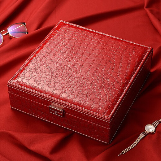 Yezhi Double Layer Jewelry Storage Box New Year's Gift Bracelet Jewelry Wedding Wife Mom Girlfriend Birthday Chinese Valentine's Day Crocodile Pattern Jewelry Storage Box Red