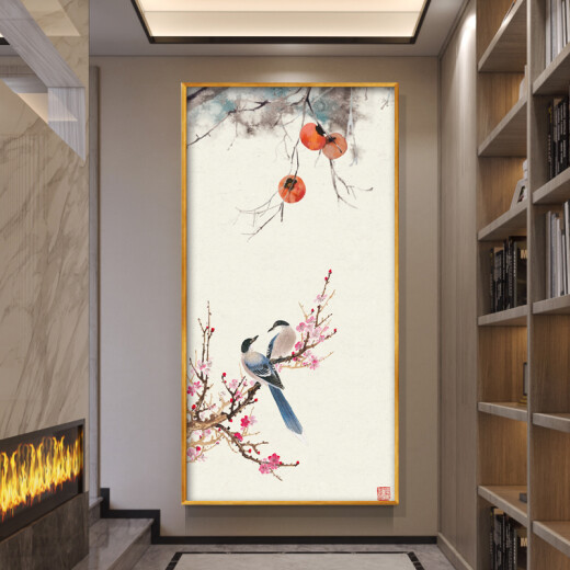 格绿美新中式入户玄关柿子事事如意装饰画客厅墙画走廊挂画竖版 W687 装好框40*80厘米单幅价