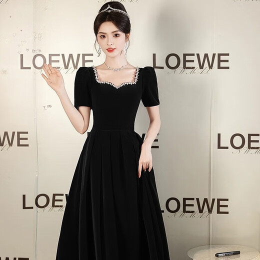Li Baixin's new black large size evening dress annual meeting art exam velvet slimming high-end host vocal art exam dress winter black long sleeve M