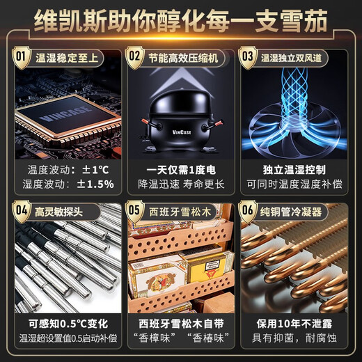 Vickers double-door constant temperature cigar and wine cabinet constant humidity tobacco and wine cabinet tea refrigerator air-cooled frost-free constant temperature and humidity wine cabinet household Spanish cedar wood naked cigar display cabinet 1.9 meters dual temperature zone red wine + cigar 800L