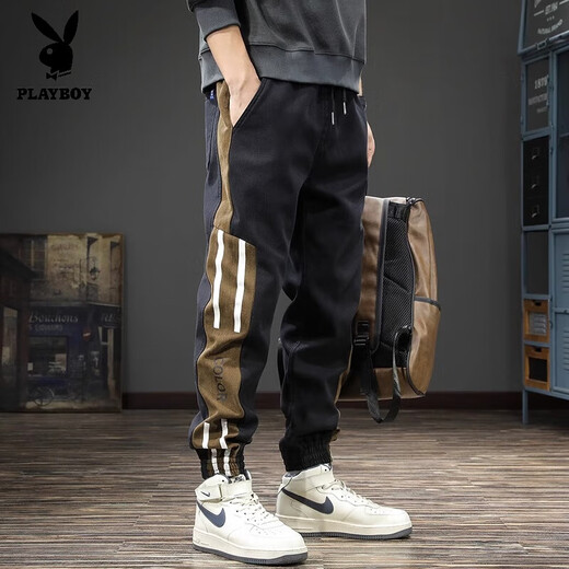Playboy 2025 Autumn and Winter New Trendy Brand Workwear Versatile Casual Pants Men's Striped Large Size Handsome Harem Sports Pants Black L Suitable Weight 130-145Jin Jin is equal to 0.5 kg