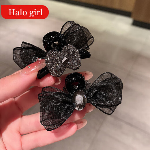 HALO GIRL2024新款小众蝴蝶结抓夹女网红带钻侧边刘海碎发夹气质鲨鱼夹头饰 黑色抓夹(2个装)