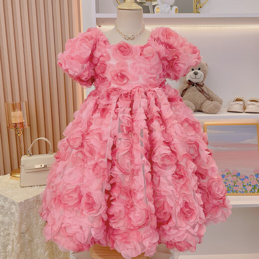 Anne Youer Girls Dress Summer 2025 New Children's Internet Celebrity Three-dimensional Flower French Princess Dress Girls Summer Dress Pink 110