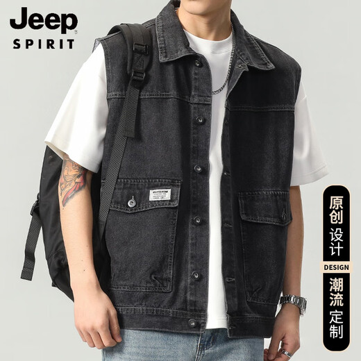 JEEP SPIRIT2025秋季新款复古工装牛仔马甲男春秋季黑色无袖背心男装坎肩外套 9215蓝色 3XL