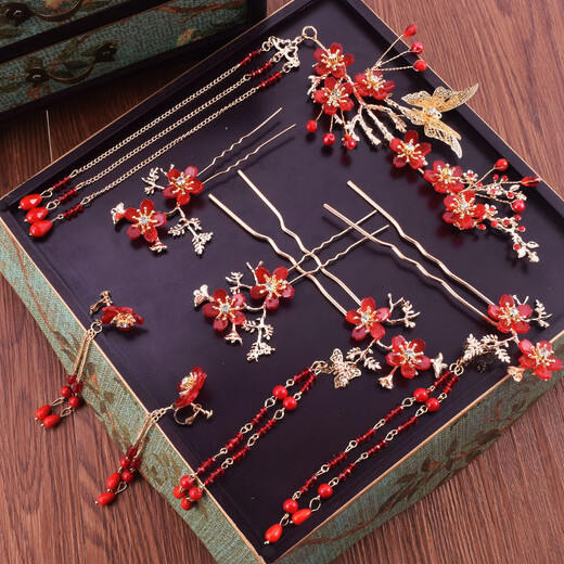 Wanbaozi ancient style hair accessories, Han costume accessories, headwear, handmade hairpins, red butterfly step shake, ancient costume hairpins and earrings set, red set as shown in the picture