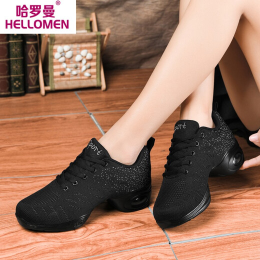 Harroman spring and summer new soft-soled mesh dance shoes, jazz dance shoes, increased dance shoes, casual shoes, square dance shoes for women 977 black 37