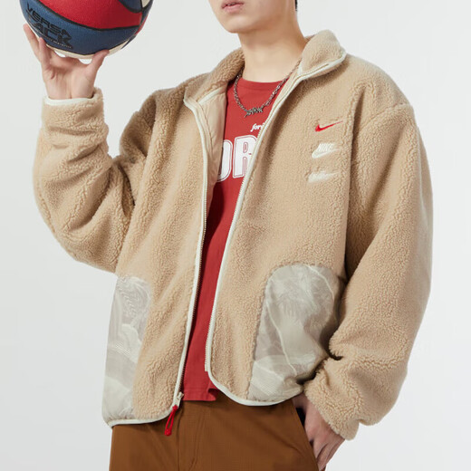 Nike (Nike) jacket men's 2025 spring new imitation lamb velvet outdoor fitness sportswear warm and comfortable stand collar casual clip FZ6194-126 light khaki new year model M