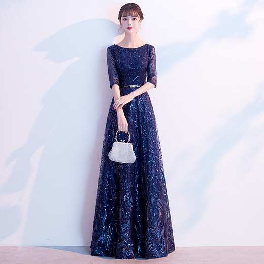 Seidlers Temperamentabendkleid für Frauen 2025 Neues High-End-Bankett Langfristige jährliche Meeting-Musik-Kunstprüfung Party Kleid Marine Blue XL