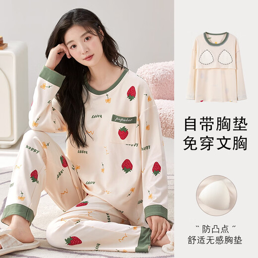 诗花巷睡衣女春秋季高质量棉可外穿可爱卡通宽松长袖家居服自带胸垫一体 1048胸垫长袖 恒 M 码75-95斤