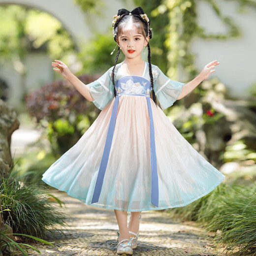 
Aibaoshi children's Hanfu girls summer costume short-sleeved dress girls children's day gift Chinese style performance suit S689 Qingshan Dai 150 cm [suggested height 146-155 cm]