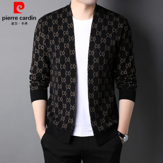Pierre Cardin brand wool knitted cardigan men's young and middle-aged Korean style trendy fashion jacket casual handsome sweater jacket men black 2XL