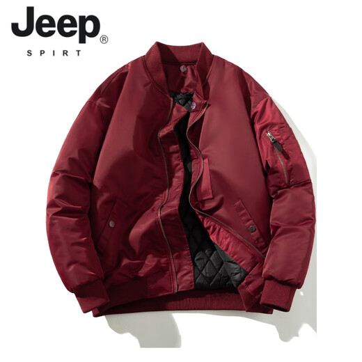 JEEP SPIRIT American bomber jacket men's winter cotton thickening baseball uniform spring and autumn casual thin flying cotton clothing black winter cotton clothing thickened XL 130~145Jin Jin equals 0.5 kg