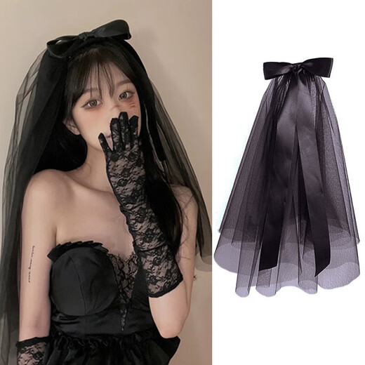 Crystal bow black veil mesh gothic wedding dress headdress cos photo bridal hair accessories retro dark style black bow veil-hair comb style
