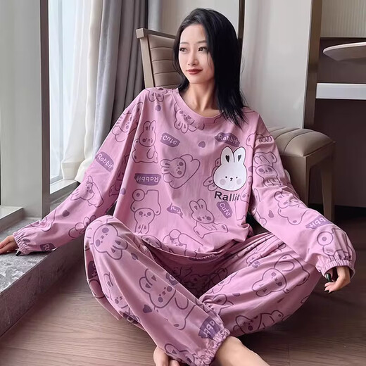 九红妃大码纯棉睡衣女200斤胖mm圆领卡通春秋长袖长裤两件套家居服秋季 6169灰色 4XL