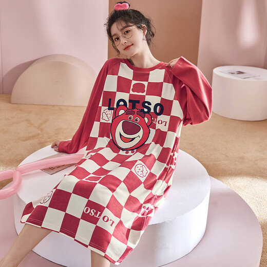 Langsha (langsha) 2025 new long-sleeved plaid nightgown spring and autumn pure cotton thin cotton mid-length skirt pregnant women pajamas for women autumn and winter YW-16863 M