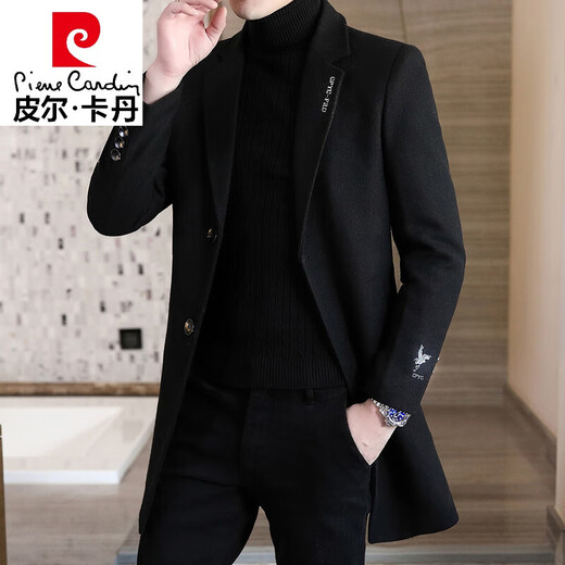 Pierre Cardin high-end brand woolen coat men's mid-length windbreaker winter thickened British high-end suit collar woolen coat 909 black cotton 3XL 161-175Jin Jin is equal to 0.5 kg