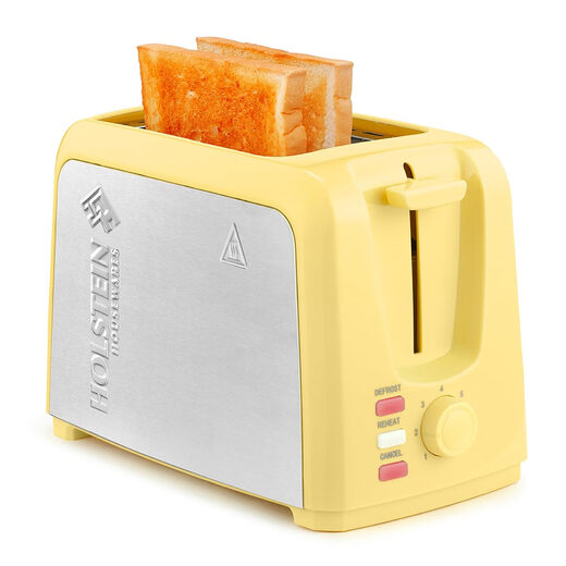 Holstein Housewares Yellow 2-Slice Toaster 7-stage toasting Extra-wide slots Removable crumb tray High lift Defrost function