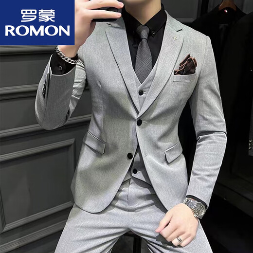 罗蒙（ROMON）男士西服套装男款西装套装休闲男款修身正装西服三件套结婚礼服 黑色双扣/西服+马甲+西裤 9889 L 113-125斤