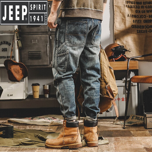 吉普（JEEP）美式工装牛仔裤子男宽松直筒春秋新款加绒厚重磅男士复古休闲裤潮 蓝色 29 105-115