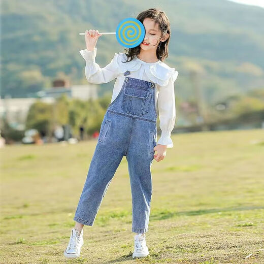 Ainolun children's overalls for girls, middle-aged and older, 9 to 12 years old, little girls, autumn clothing, versatile, casual, spring and autumn jeans, trendy Korean style, big children's pants, autumn style, girls' outer trousers, autumn clothing, overalls, single piece 110, recommended height 100-110cm