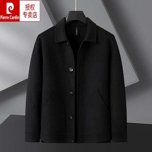 Pierre Cardin high-end men's solid color wool double-sided woolen coat plus fat large size autumn and winter fat loose short coat jacket black 2XL