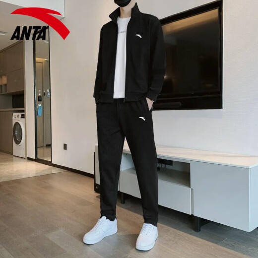 ANTA sports suit men's spring and autumn cardigan coat long-sleeved trousers two-piece loose men's jacket leggings trousers - 4 basic black [zipper pocket] L/175