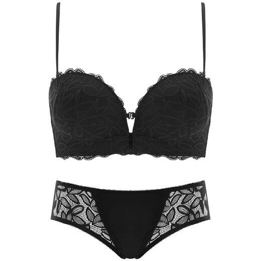 Maohuo (MAOHUO) front button bra for women with small breasts, push-up, non-slip, push-up, strapless, beautiful back bra set, high-end birthday gift, black suit, underwear + underwear 75A B