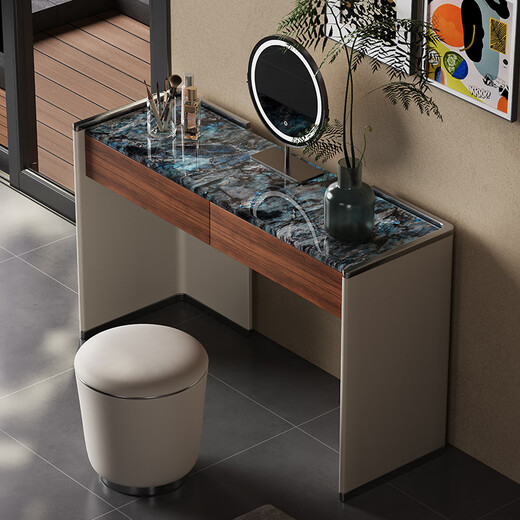 Jiajia Huan Italian style minimalist light luxury dressing table high-end customized leather veneer solid wood dressing table simple high-end designer dressing table + makeup stool + makeup mirror length 100x width 45x height 75cm