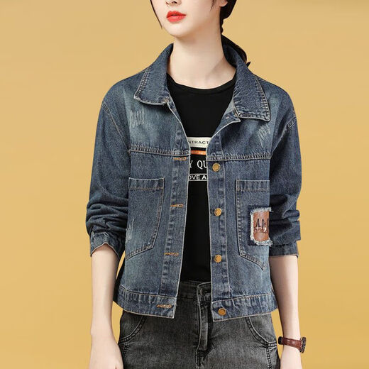 歌芸2025新款显瘦休闲百搭夹克潮春秋牛仔外套女时尚宽松复古短款上衣 蓝色后背皮牌款 S90-105斤