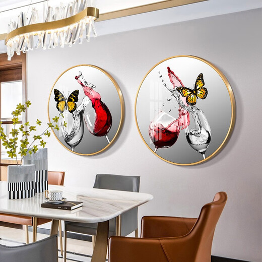 莫画泸林餐厅装饰画现代简约餐桌挂画餐厅壁画入户玄关柜高档画饭厅九鱼图 对酒当歌两联12354+12355 晶瓷画-直径90-黑框（定制尺寸