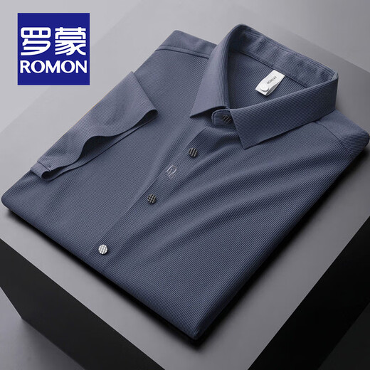 罗蒙（ROMON）高档轻奢四面弹长袖衬衫男士抗皱春秋商务无痕休闲衬衣免烫易搭理 长柚-6018蓝色 2XL 码