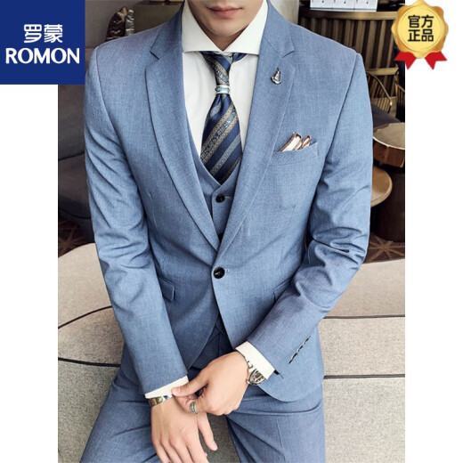 ROMON Men's Suit Three-piece Slim Casual Business Graduation Season Formal Groom Group Best Man Wedding Dress Suit G1671 Light Blue [Suit and Pants] Shirt L (120-130Jin [Jin equals 0.5 kg])