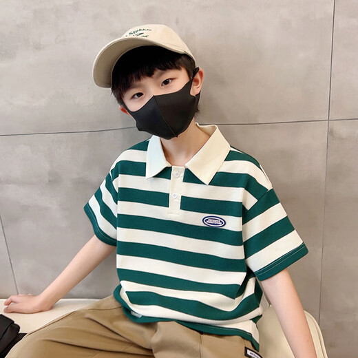 
McTicco boy polo shirt short-sleeved 2025 children's summer striped t-shirt big children's summer half-sleeved street-fried top trendy 9850 blue + 5798 khaki [set] 140