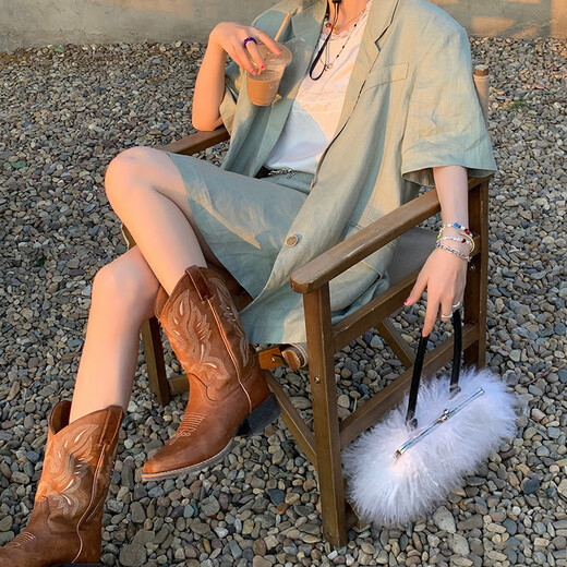 Yunshun Western Cowboy Boots Embroidered Knight Boots Retro Chelsea Martin Boots Long-Tube Maillard Boots Women's New Summer Cowboy Fish Mouth Embroidery Double Lift Button Brown 3.5cm 38