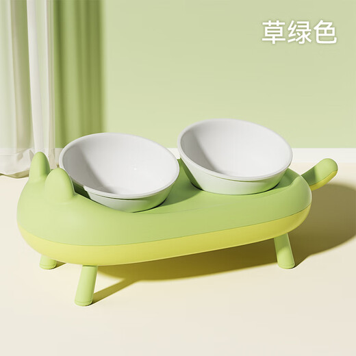 Pet Dover Cat Bowl Ceramic Double Bowl Two-Purpose Cat Food Basin Anti-overturned High-legged Stainless Steel Dog Bowl Slanted Rice Basin Slow-eating Bowl Grass Green [Ceramic Style] High-legged Neck Protection Cat and Dog Universal