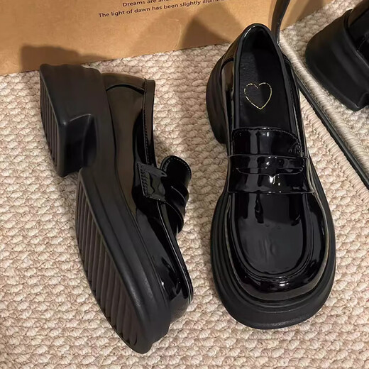 RXXBFB thick-soled loafers women's 2025 spring and summer new high-end women's singles shoes jk uniform with skirt British style leather shoes gloss black 38 (240mm)