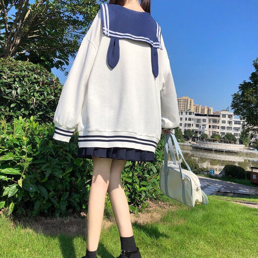 蓝骏启日系可爱兔耳朵圆领风宽松卫衣女蝴蝶结长袖秋装套头上衣学生 白色 757（薄款） M （建议60~80）