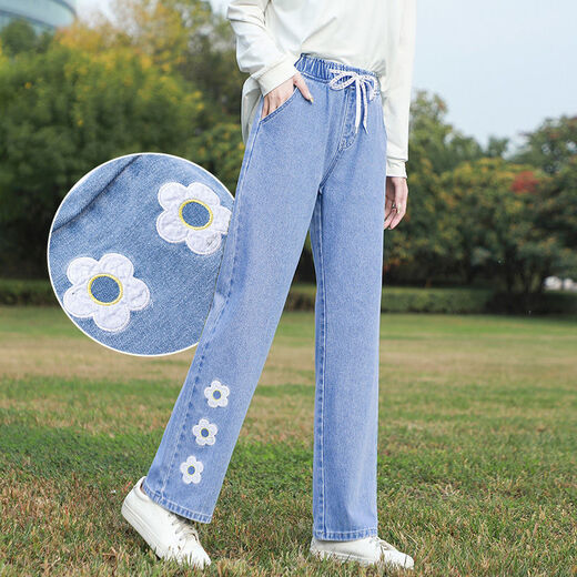 Jeans de pierna ancha yimuqi Jeans para niñas con pocos pantalones de pierna recta de primavera y verano Pantalones altos de la cintura delgada Casual Long Pantaleros 9855 Bibidas azules claros de alta calidad 60 S -75Jin [Jin equivale a 0.5 kg]
