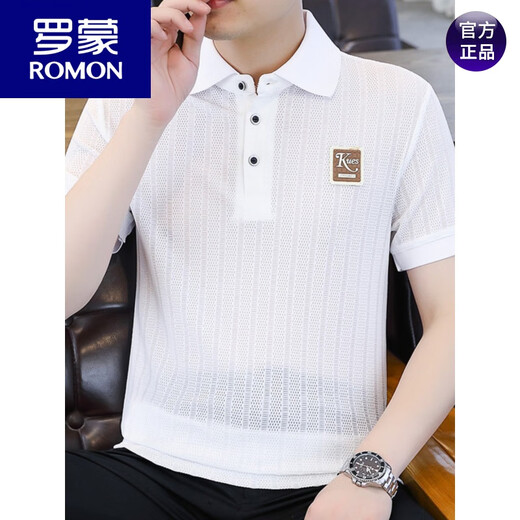 罗蒙（ROMON）冰丝短袖polo.衫男夏季薄款网眼镂空透气T恤2024新款纯色带领体恤 9923白色 L