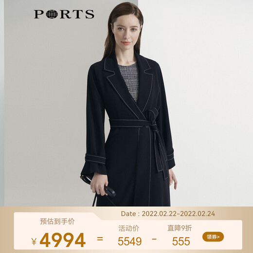
PORTS Women's Clothing Autumn and Winter New Long Sleeve Medium Long Trench Coat LL9T022LWB006 Black M (6)