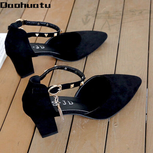 Daohuatu Large Size Baotou Sandals Women's Thick Heels 41-43 Fairy Style High Heels Pointed Toe Versatile Suede One-Buckle Women's Single Shoes Black Thick Heels Upgraded to Standard Size 34