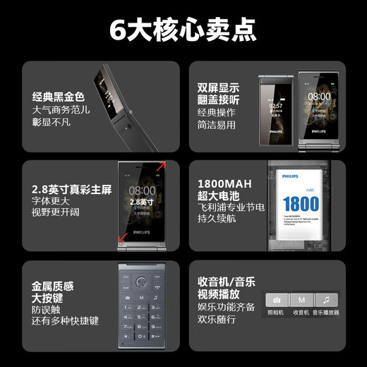 Philips (PHILIPS) E219 Mocha Jin Flip Elderly Mobile Unicom 2G Dual SIM dual standby Elderly Mobile Student Backup Functional Machine Business Machine Children’s Machine