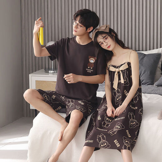 
Langsha (langsha) couple pajamas pure cotton suit summer short-sleeved suspender skirt cool thin style one man and one woman full cotton home clothing L9902 [high quality pure cotton] L men
